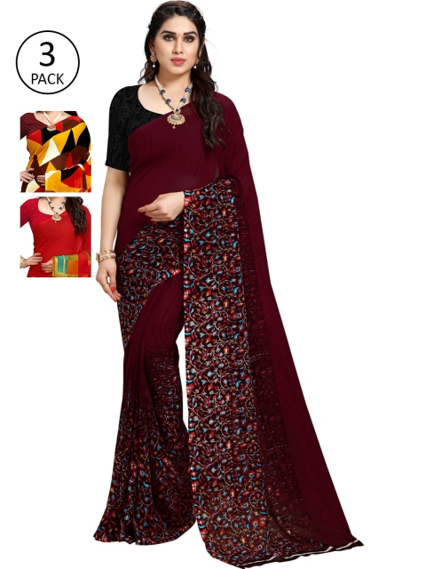 

KALINI Women Pack Of 3 Printed Saree, Burgundy