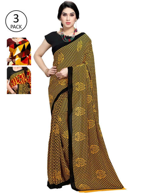 

KALINI Pack Of 3 Printed Sarees, Black
