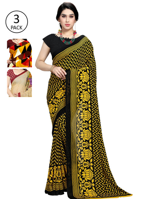 

KALINI Pack Of 3 Poly Georgette Printed Sarees, Red