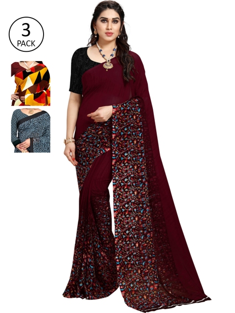 

KALINI Pack Of 3 Printed Sarees, Burgundy