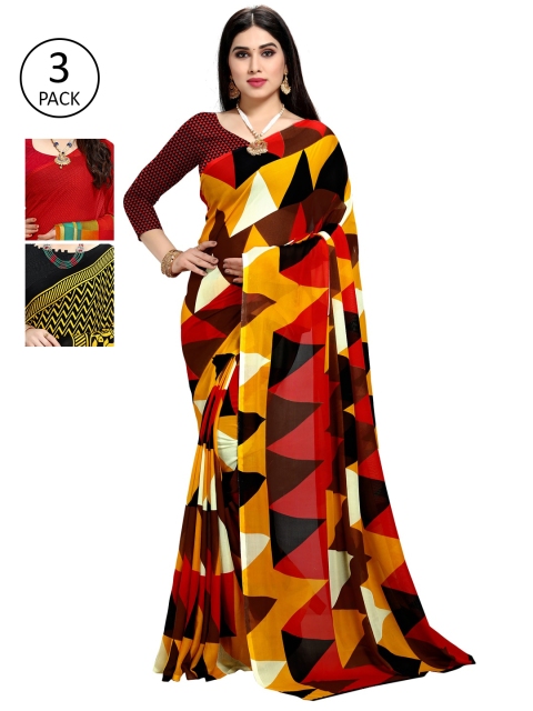 

KALINI Pack Of 3 Printed Sarees, Red