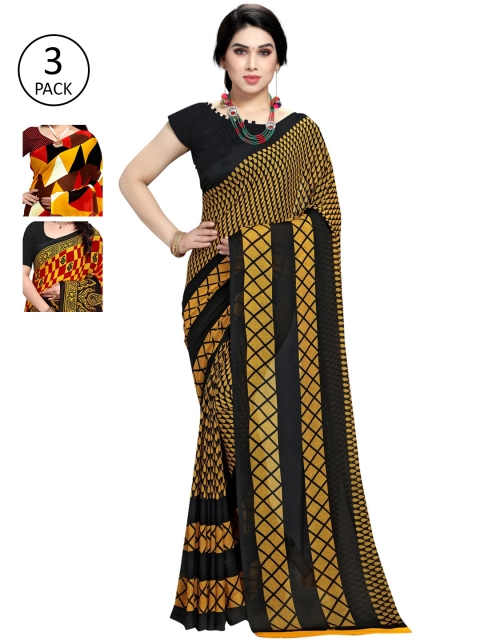

KALINI Set of 3 Printed Sarees, Yellow