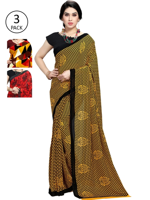 

KALINI Pack Of 3 Printed Sarees, Yellow