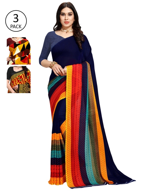 

KALINI Pack Of 3 Multicoloured Printed Sarees, Navy blue