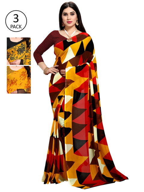 

KALINI Pack Of 3 Printed Sarees, Red