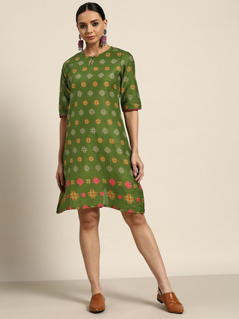 

Sangria Green & Beige Pure Cotton Printed Keyhole Neck A-Line Dress