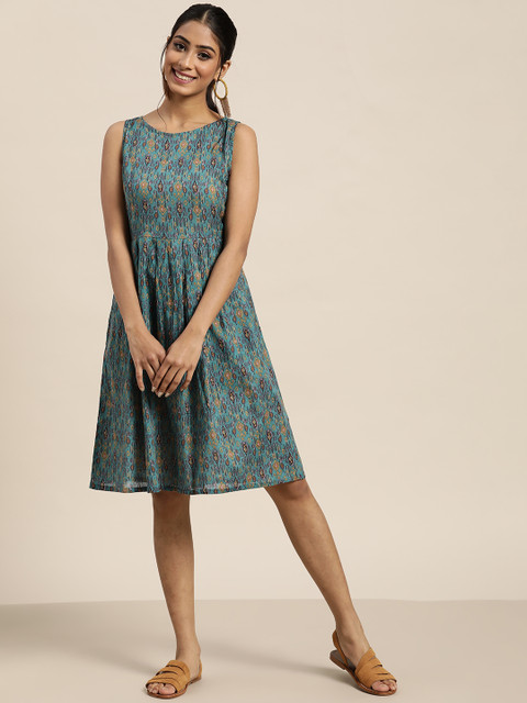 

Sangria Green & Mustard Yellow Ethnic Motifs A-Line Dress