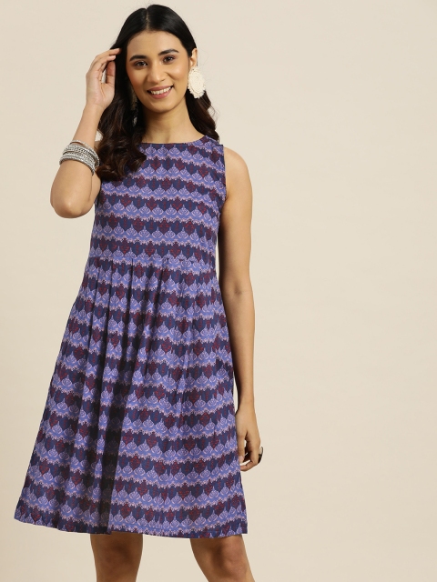 

Sangria Blue & Pink Pure Cotton Ethnic Motifs Print A-Line Dress