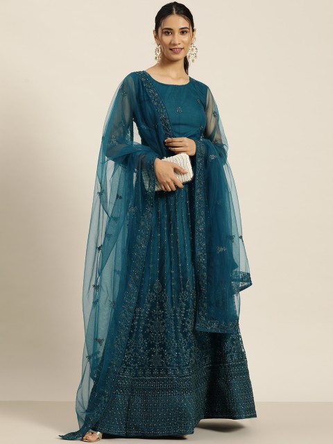 

Sangria Teal Blue Embroidered Beads and Stones Semi-Stitched Lehenga & Blouse With Dupatta