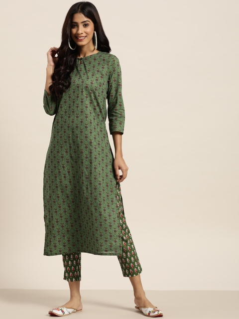 

Sangria Women Green Pure Cotton Ethnic Motifs Print Regular Kurta with Trousers
