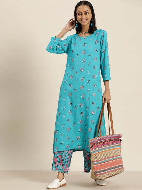 

Sangria Women Blue & Pink Ethnic Motifs Printed Regular Kurta with Palazzos