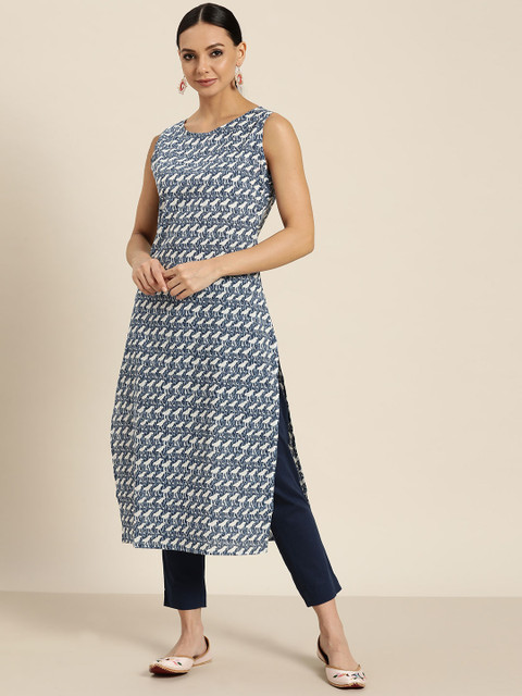 

Sangria Women Navy Blue & White Printed Regular Pure Cotton Kurta with Trousers