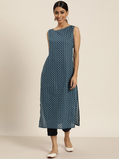 

Sangria Women Blue Ethnic Motifs Printed Pure Cotton Kurta with Trousers