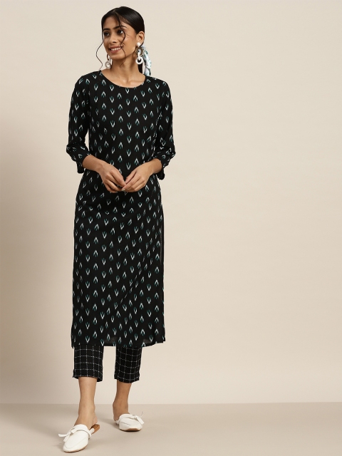 

Sangria Women Black & White Printed Regular Pure Cotton Kurta with Trousers