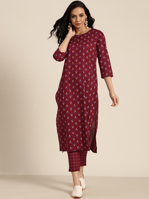 

Sangria Women Maroon Pure Cotton Printed Regular Kurta with Trousers