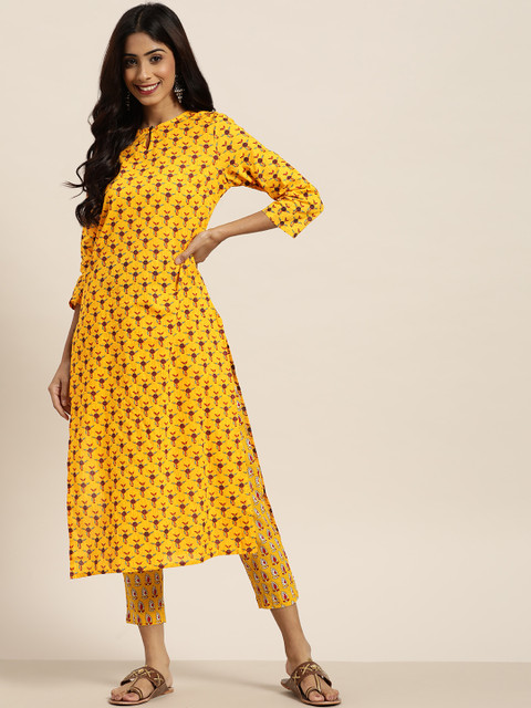 

Sangria Women Mustard Yellow Pure Cotton Ethnic Motifs Print Regular Kurta with Trousers