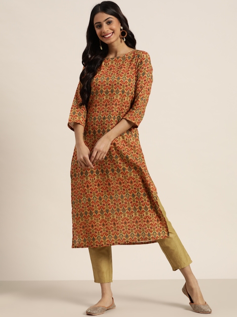 

Sangria Women Beige & Rust Red Pure Cotton Ethnic Motif Printed Kurta with Trousers