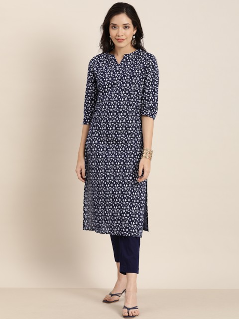 

Sangria Women Navy Blue & White Printed Regular Pure Cotton Kurta with Trousers