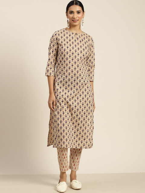 

Sangria Women Pure Cotton Beige & Purple Ethnic Motifs Printed Regular Kurta with Trousers