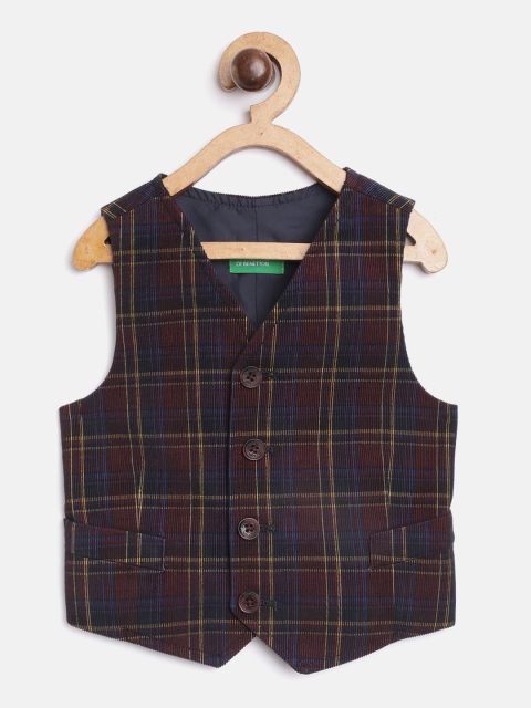 

United Colors of Benetton Boys Maroon & Black Pure Cotton Checked Waist Coat