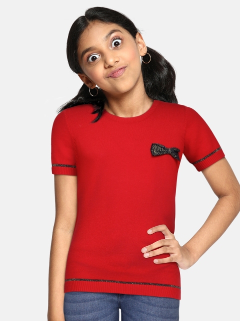 

United Colors of Benetton Girls Red & Navy Blue Pullover with Bow Applique Detail