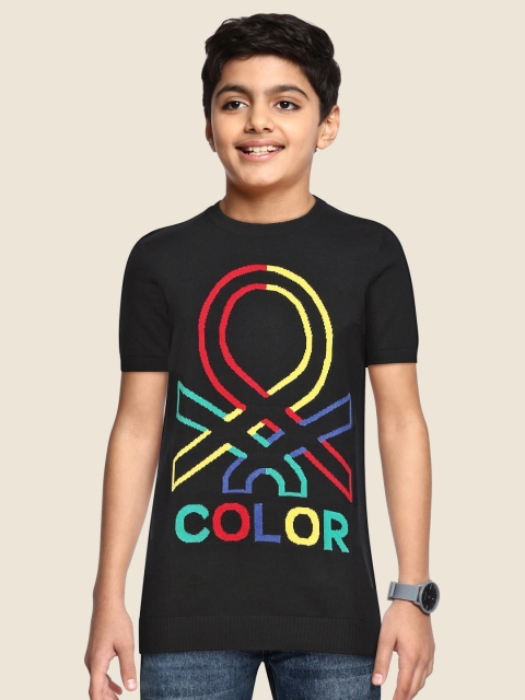 

United Colors of Benetton Boys Black & Red Pure Cotton Brand Logo Pattern Pullover