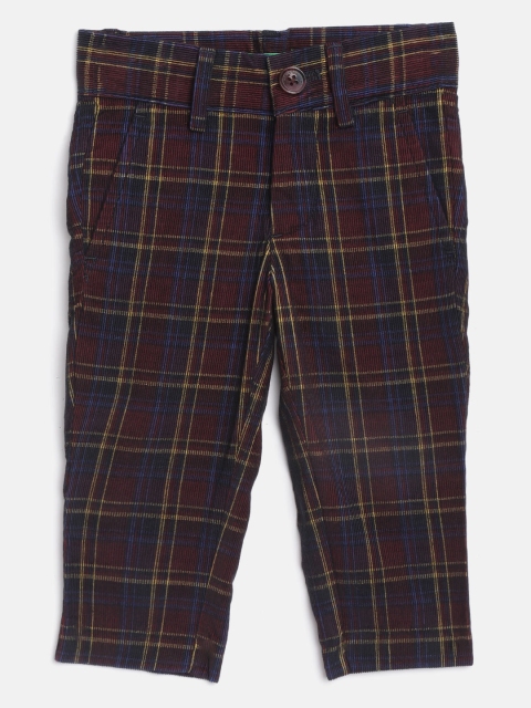 

United Colors of Benetton Boys Burgundy & Navy Blue Pure Cotton Checked Corduroy Trousers