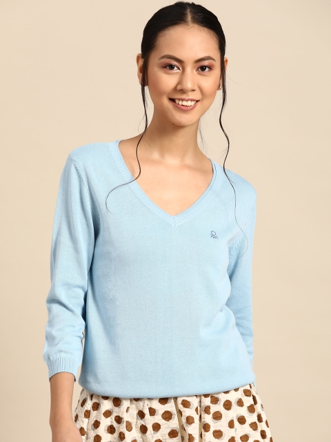 

United Colors of Benetton Women Blue Pure Cotton Pullover Sweater with Embellished Detail
