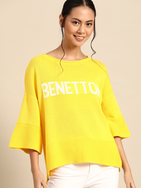 

United Colors of Benetton Women Yellow & White Cotton Embroidered Pullover Sweater