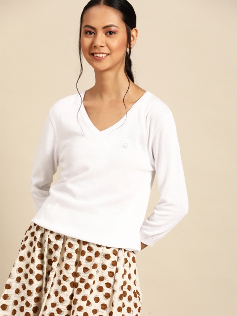 

United Colors of Benetton Women White Pure Cotton Pullover Sweater with Embellished Detail