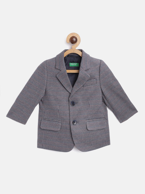 

United Colors of Benetton Boys Navy Blue & Maroon Self-Design Single Breasted Blazer