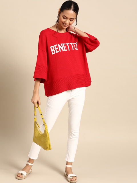 

United Colors of Benetton Women Red & White Typography Embroidered Pullover Sweater