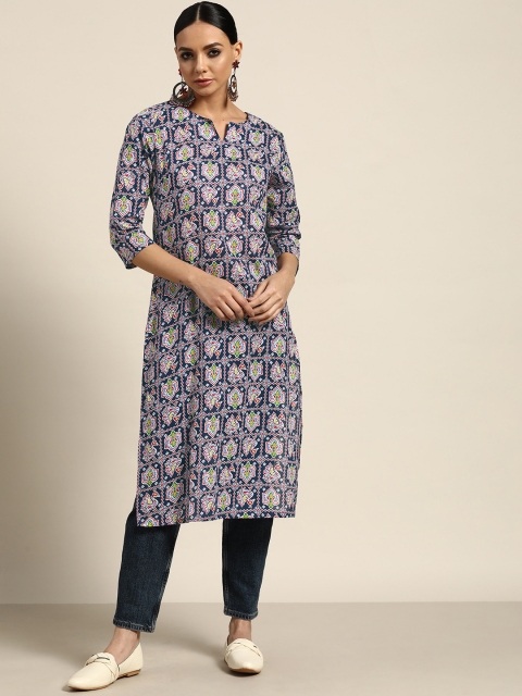

Sangria Women Navy Blue & White Pure Cotton Ethnic Motifs Printed Kurta