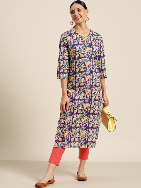 

Sangria Women Purple & Mustard Yellow Pure Cotton Ethnic Motifs Printed Kurta