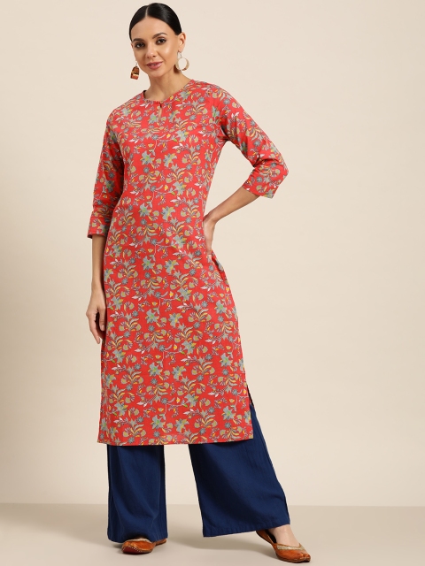 

Sangria Women Coral Red & Grey Ethnic Motifs Printed Cotton Kurta