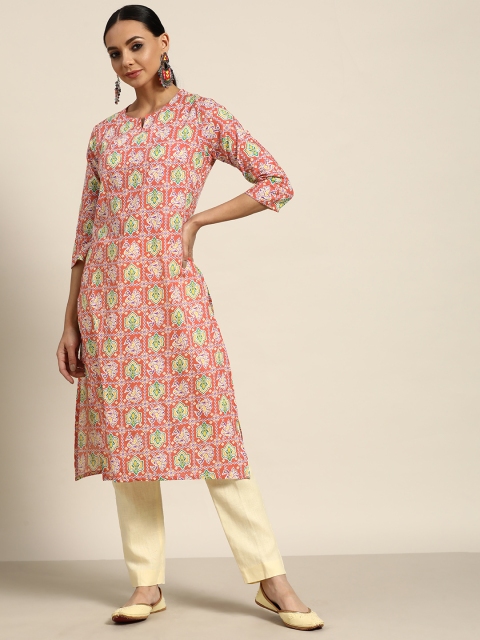 

Sangria Women Coral Red & White Pure Cotton Ethnic Motifs Printed Kurta