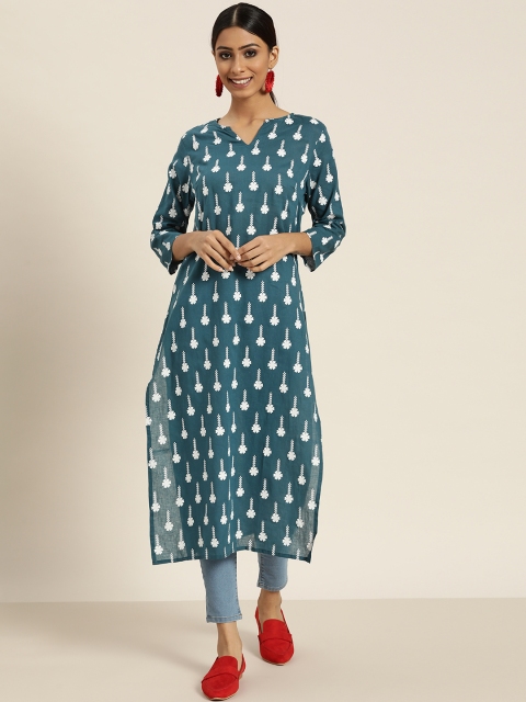 

Sangria Women Blue & White Floral Printed Cotton Kurta