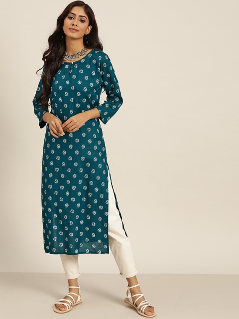 

Sangria Women Teal Blue & White Ethnic Motifs Printed Keyhole Neck Kurta