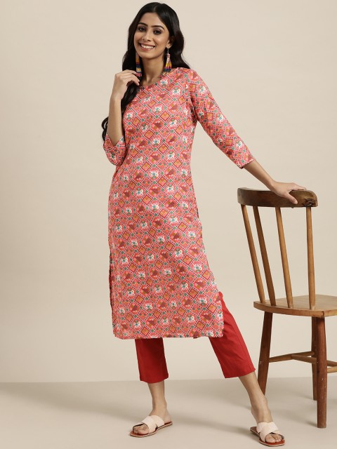 

Sangria Women Peach & White Ethnic Motifs Pure Cotton Straight Kurta
