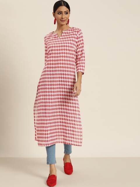 

Sangria Women Pink & White Geometric Printed Cotton Kurta