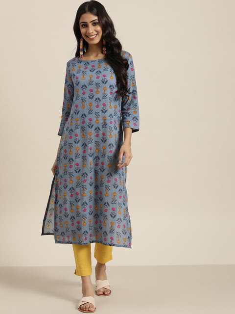 

Sangria Women Blue Floral Print Pure Cotton Straight Kurta