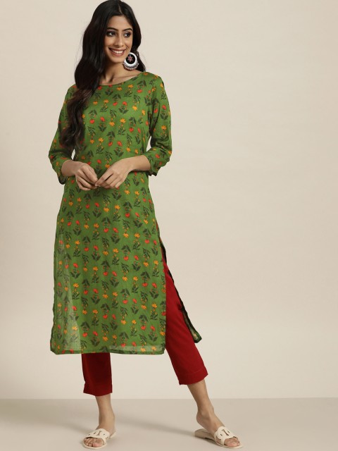 

Sangria Women Green Floral Print Pure Cotton Straight Kurta