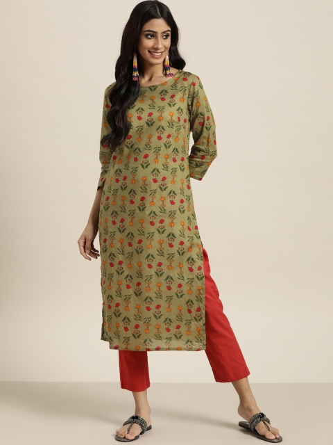 

Sangria Women Olive Green Floral Print Pure Cotton Straight Kurta