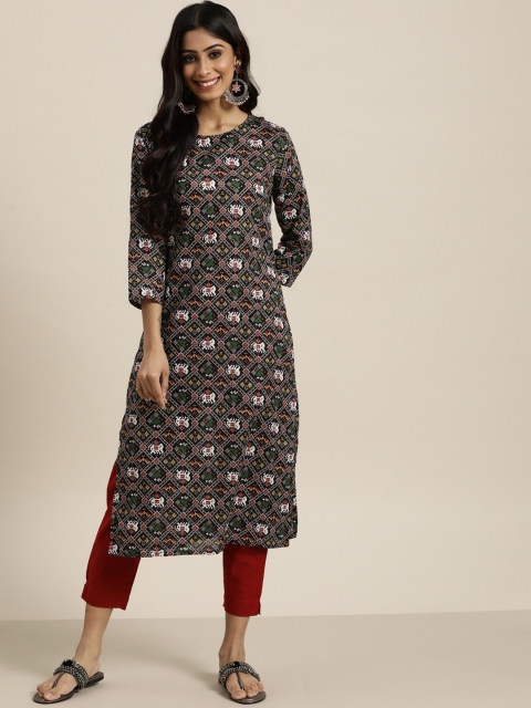 

Sangria Women Black & White Ethnic Motifs Pure Cotton Straight Kurta