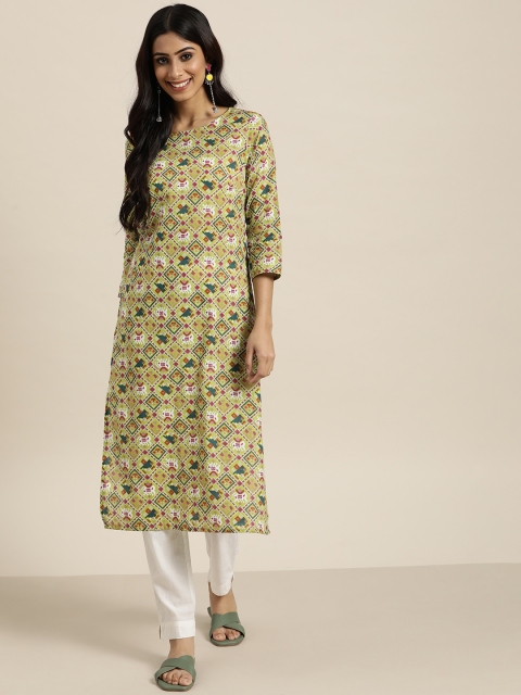 

Sangria Women Green & White Ethnic Motifs Pure Cotton Straight Kurta