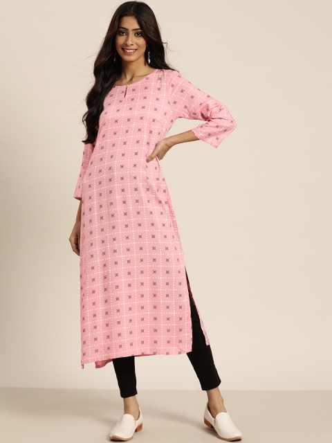 

Sangria Women Pink & Black Geometric Printed Keyhole Neck Kurta