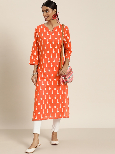 

Sangria Women Orange & White Floral Printed Cotton Kurta