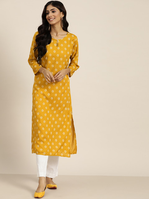 

Sangria Women Mustard Yellow & White Ethnic Motifs Printed Keyhole Neck Floral Kurta