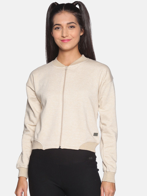 

Campus Sutra Women Beige & White Striped Front-Open Sweatshirt