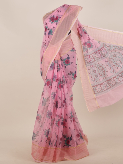 

Pothys Pink & Sea Green Floral Printed Cotton Blend Saree